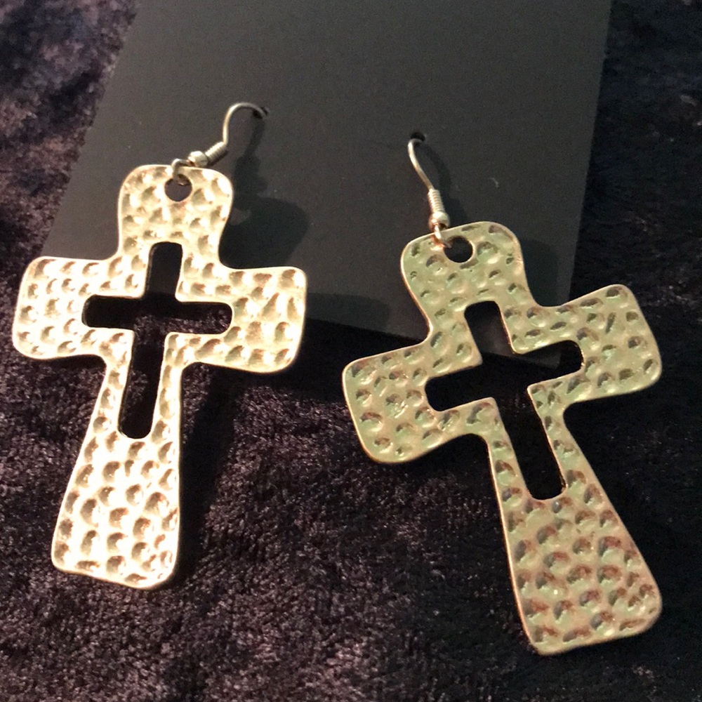 Gold Hammered Cross Earrings
